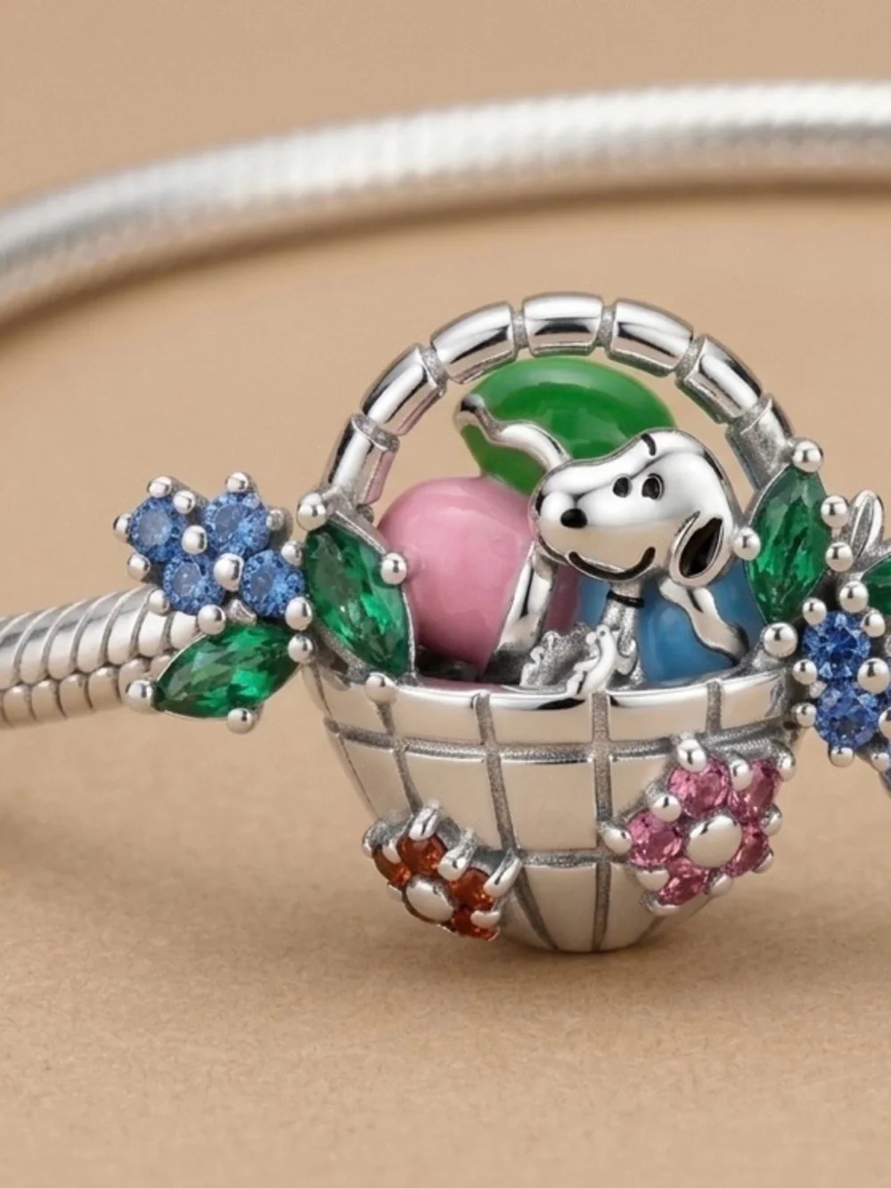 Sterling silver Snoopy Silver Basket Charm with Pink & Blue Accents